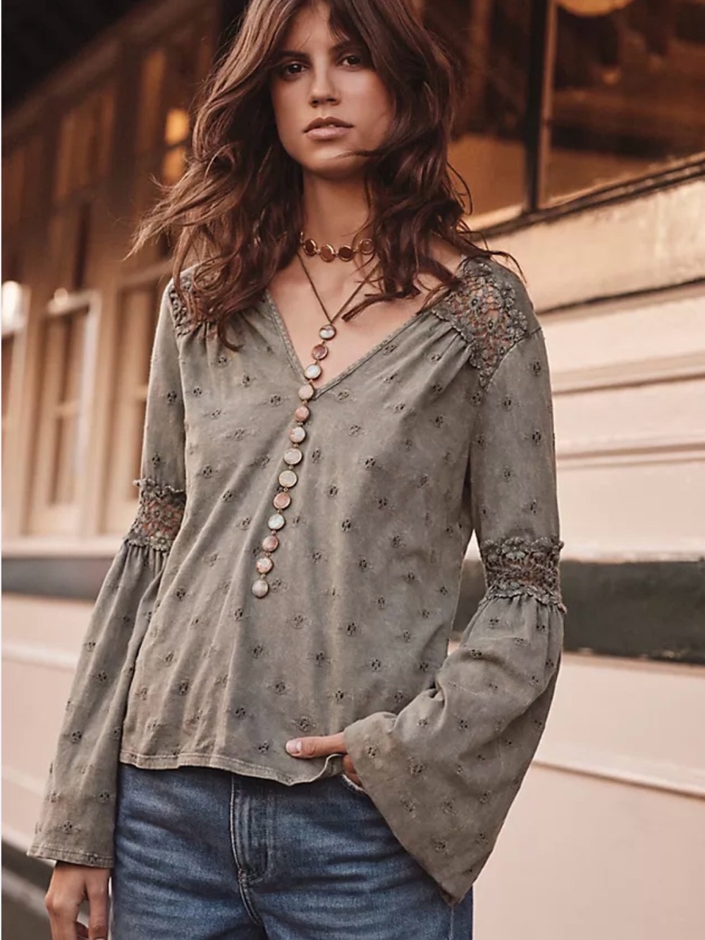 Anthropologie Eri + Ali Calvie eyelet Bell Sleeve Top Sz XL Green Boho Witchy
